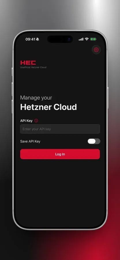 HeC API key login screen with Manage your Hetzner Cloud heading