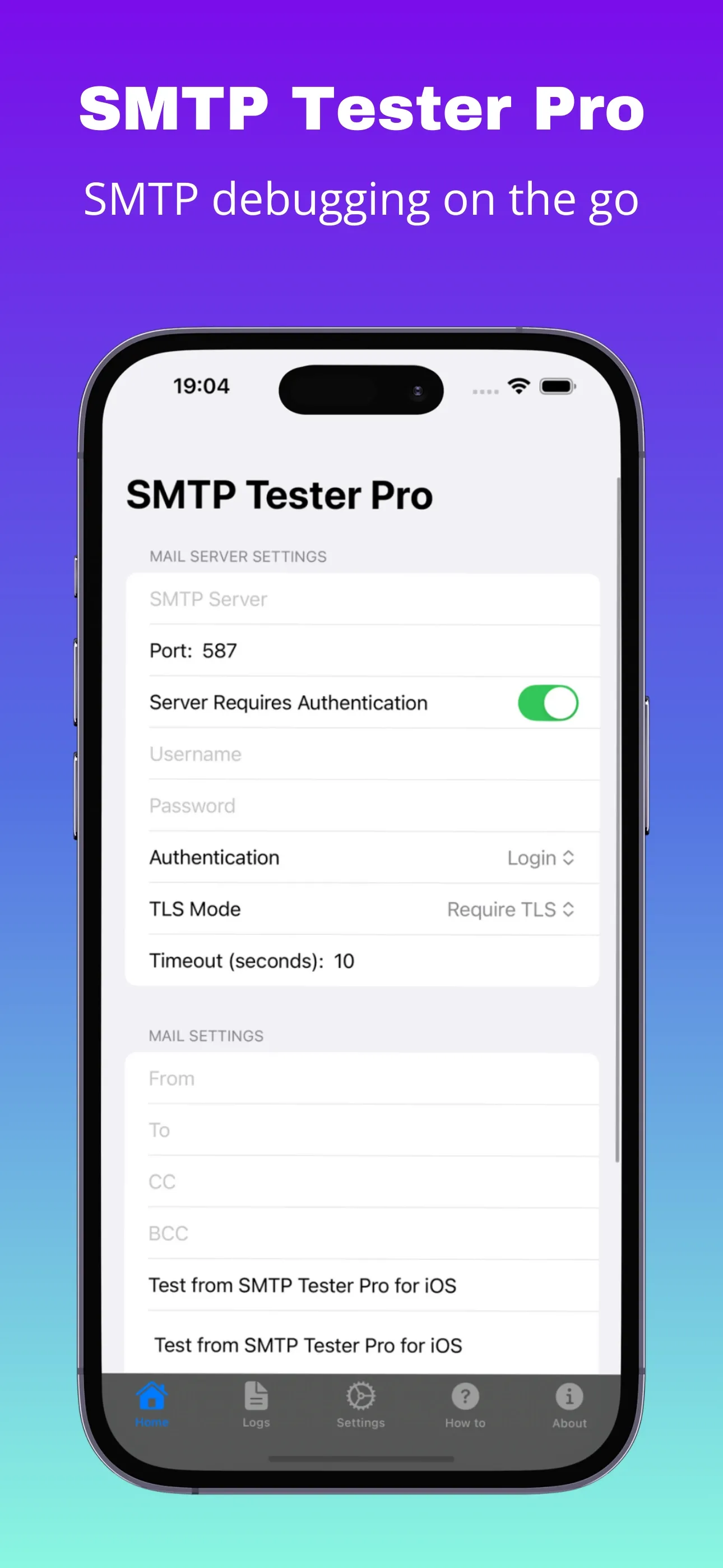 Mail server settings form in light mode with port