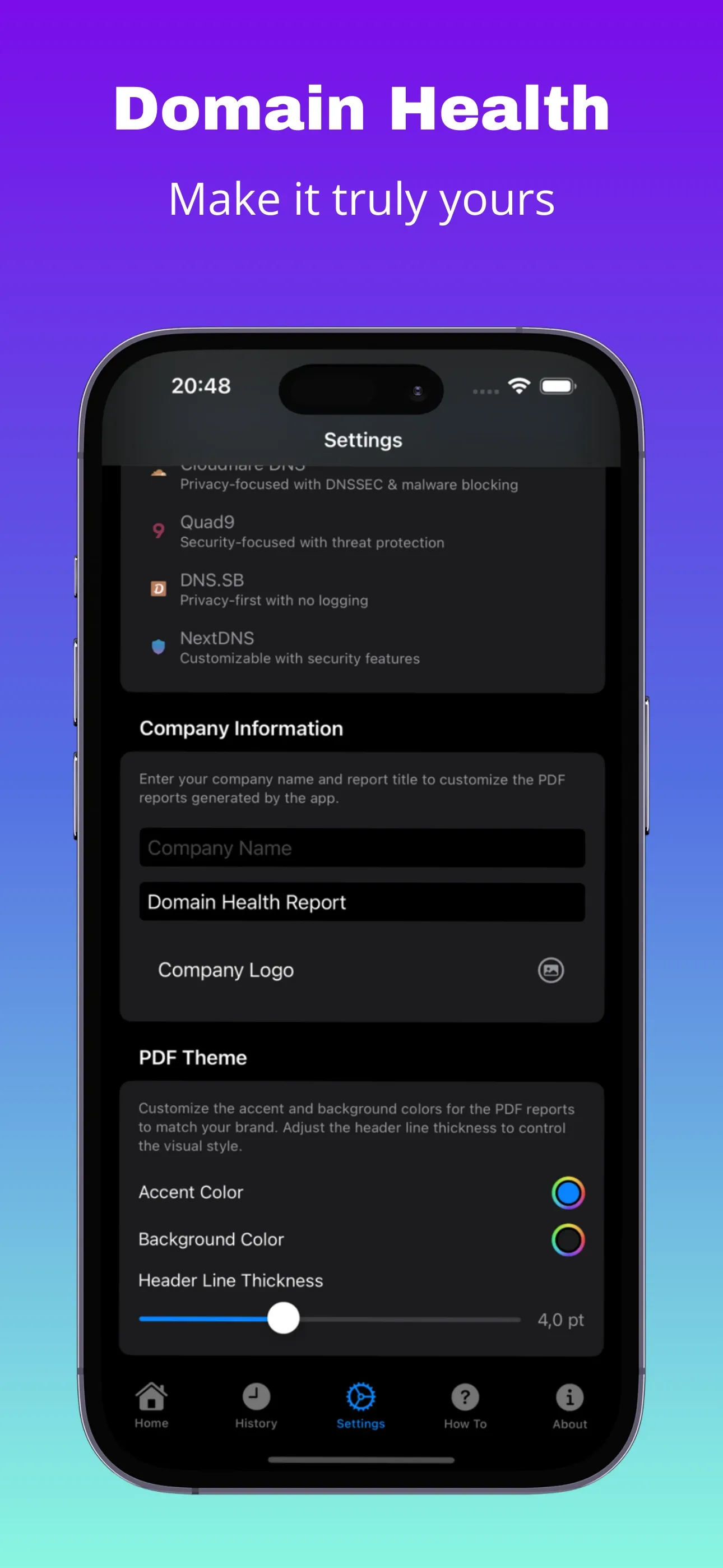 Company information and PDF theme customization for white-label reports