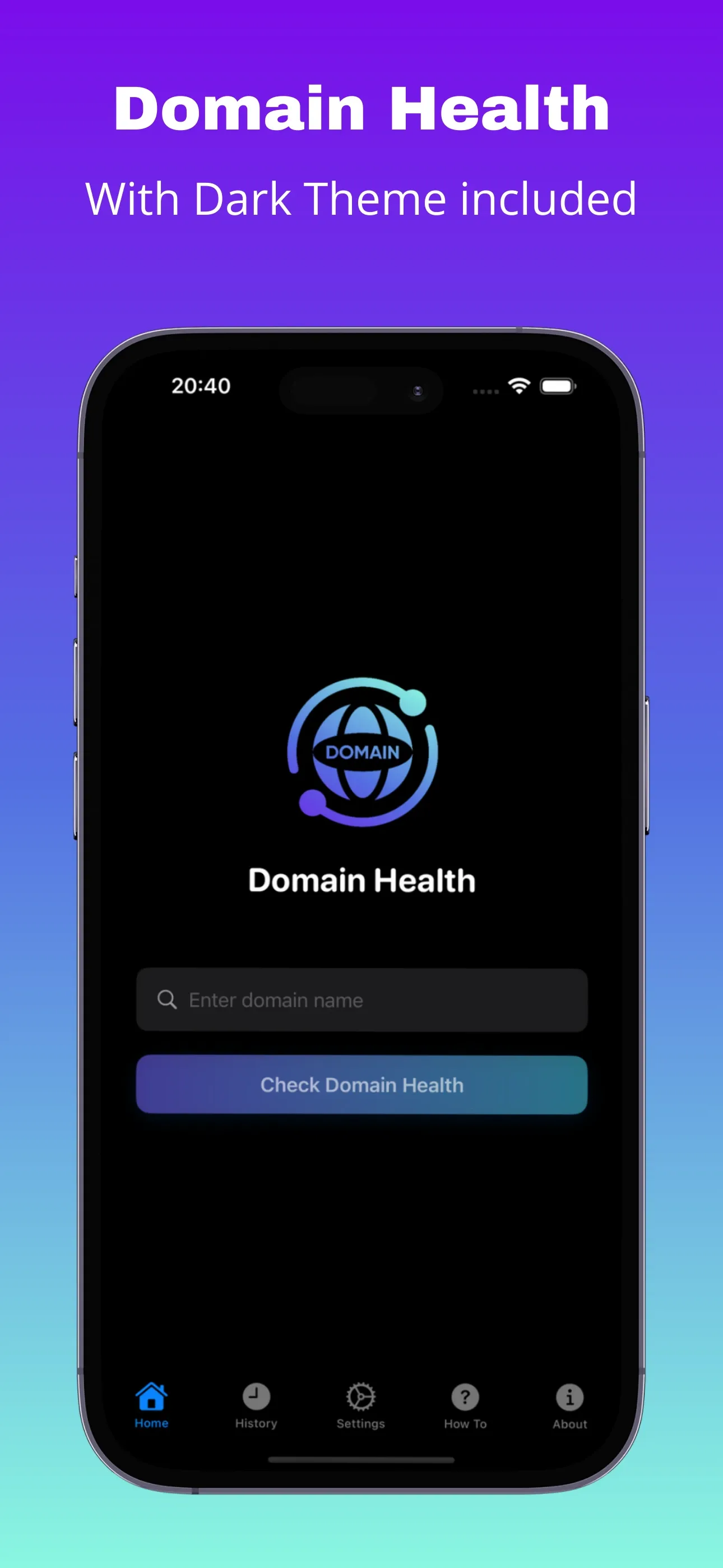 Home screen in dark mode with domain input and Check Domain Health button