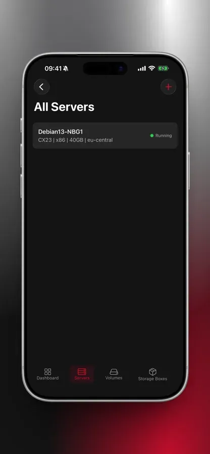 All Servers list showing a Debian server in eu-central with running status