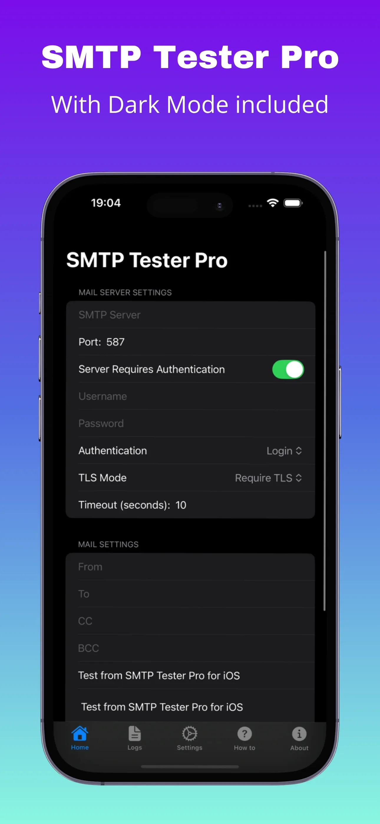 Mail server settings form in dark mode with port