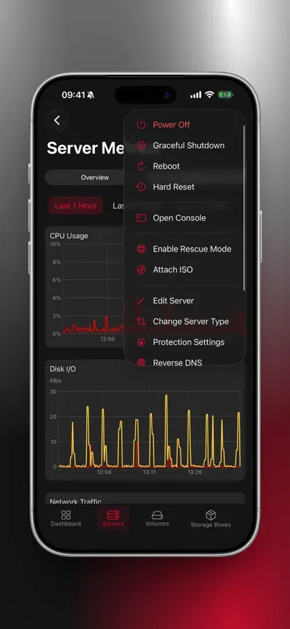 Server action menu with Power Off