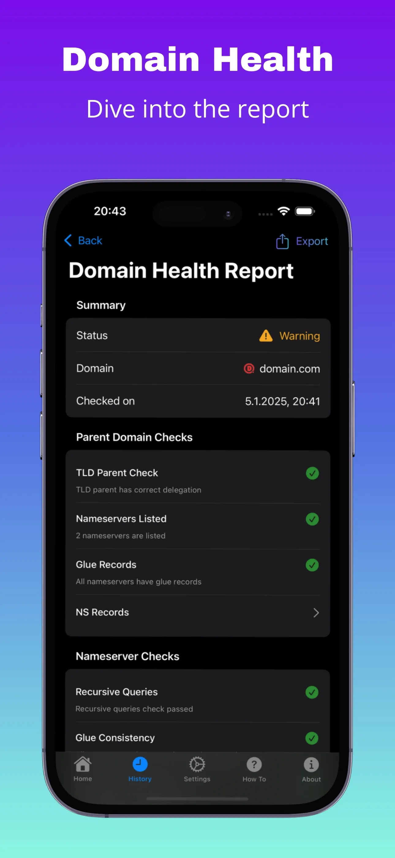 Domain Health Report summary with status