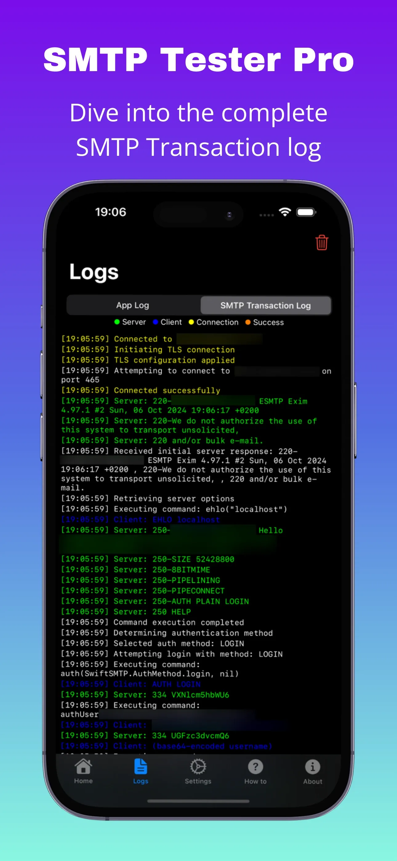 Complete SMTP transaction log showing the full server and client exchange