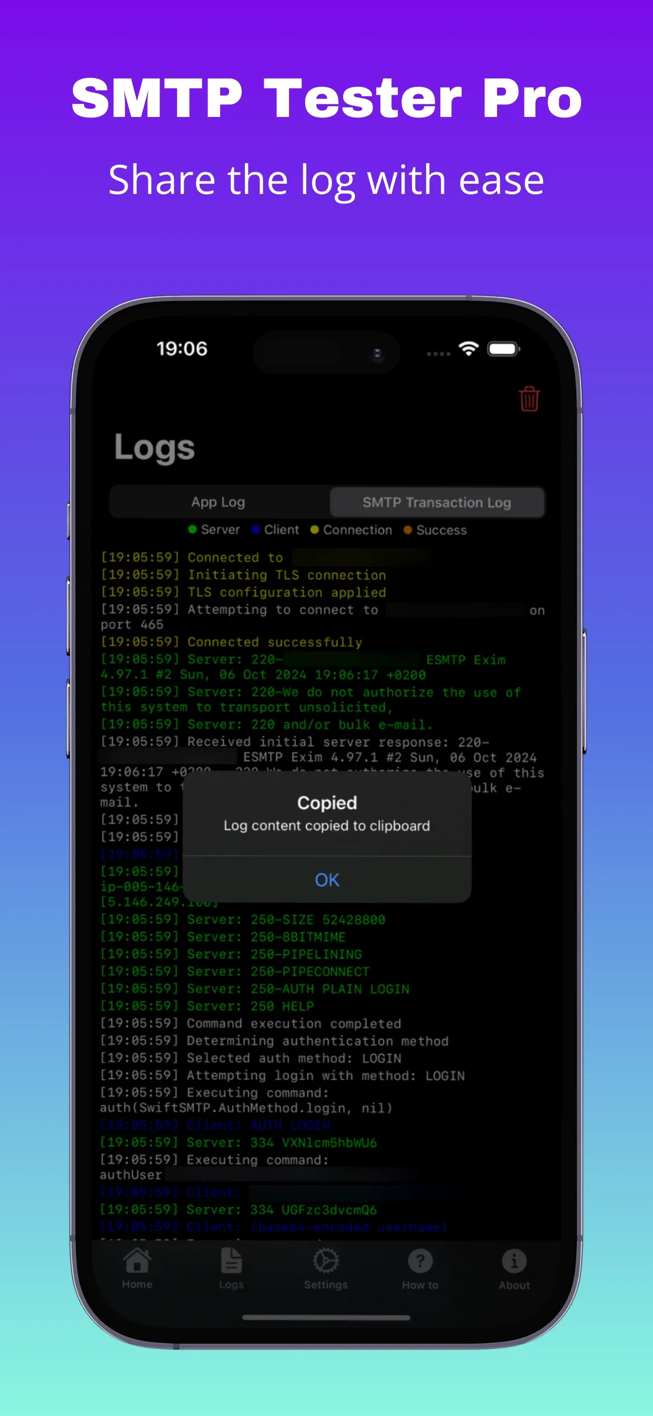 Log copied to clipboard dialog for sharing test results