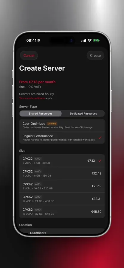 Create Server screen with monthly pricing