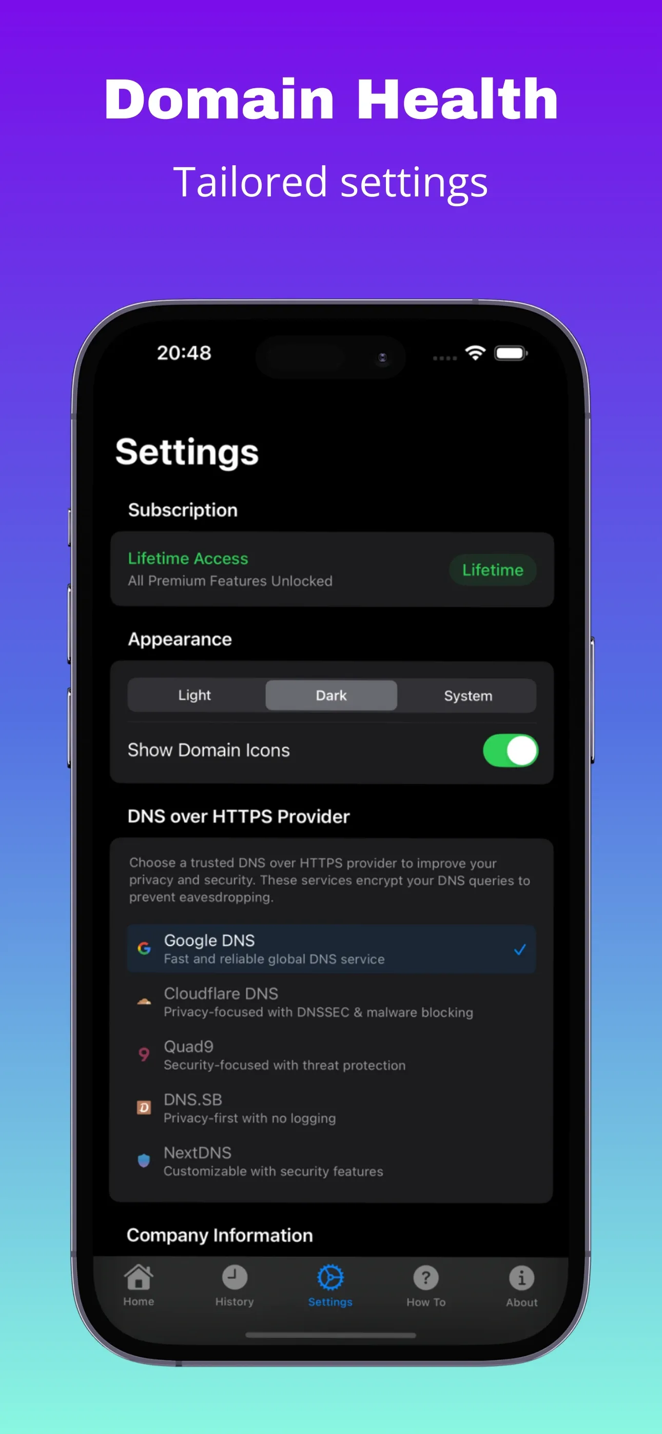 Settings with DNS over HTTPS provider selection including Google