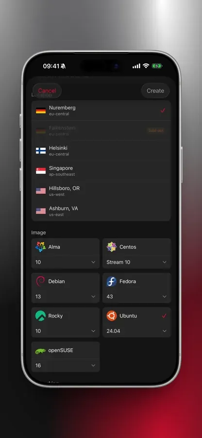 Location picker with Nuremberg selected and OS image picker with Debian